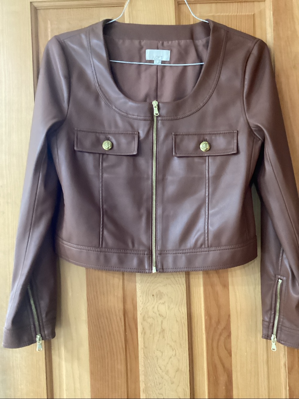 LOFT Brown Cropped Faux Leather Jacket with Gold Buttons
